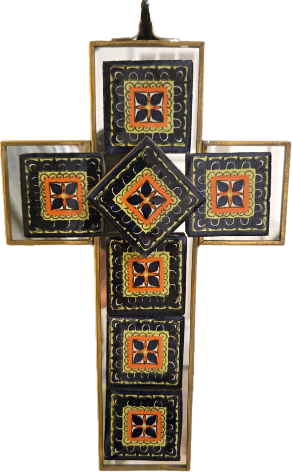 Cross, mirror and tile on tin frame