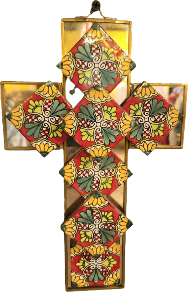 Cross, mirror and tile on tin frame