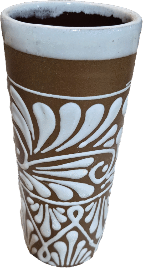 White on terracotta cup