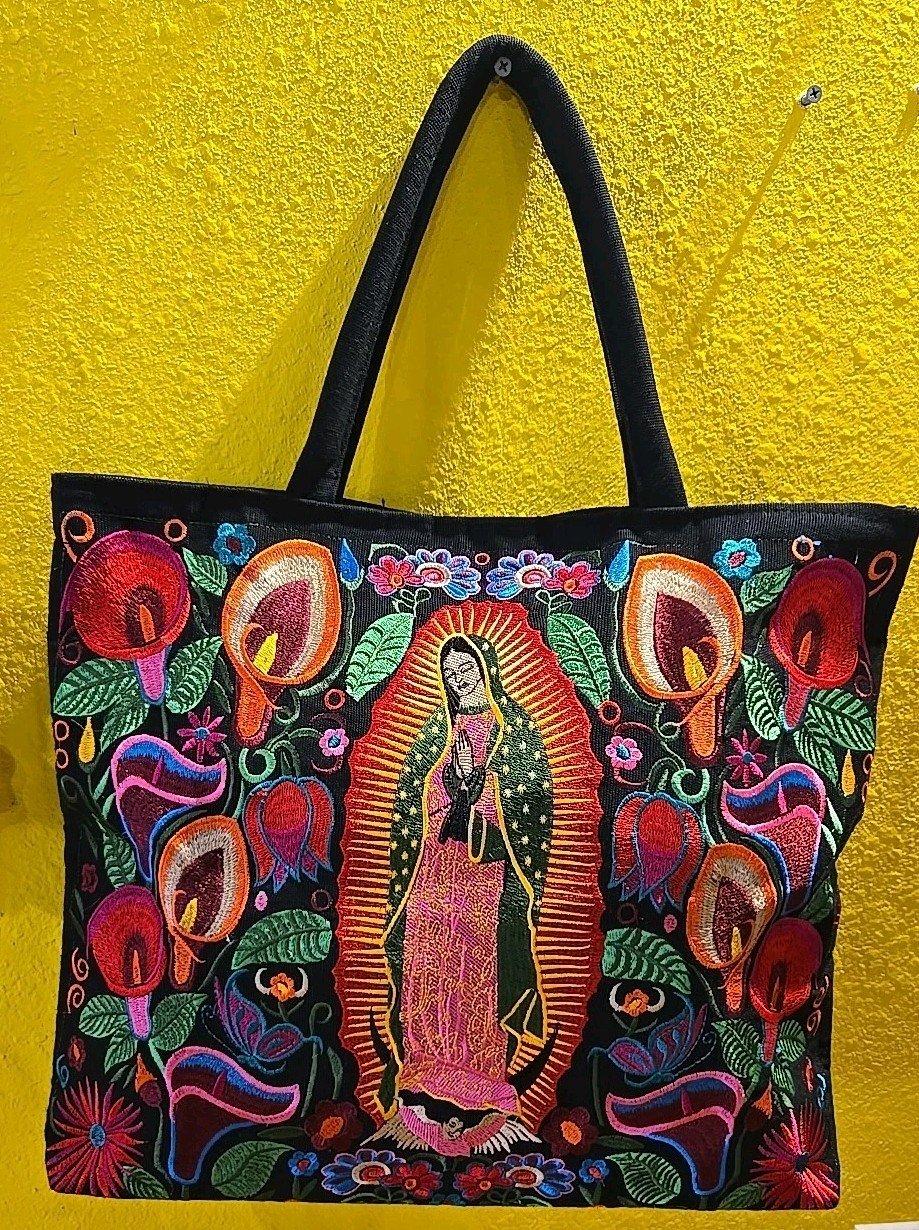 Embroidered Virgen De Guadalupe Tote Bag Handbag Mexican Art 18 X 15.5 Inches