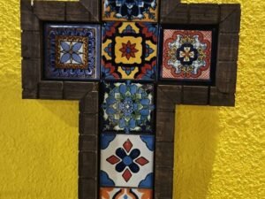 Talavera Tile And Wood Cross Hand Crafted 7.5 X 11.5 Inches