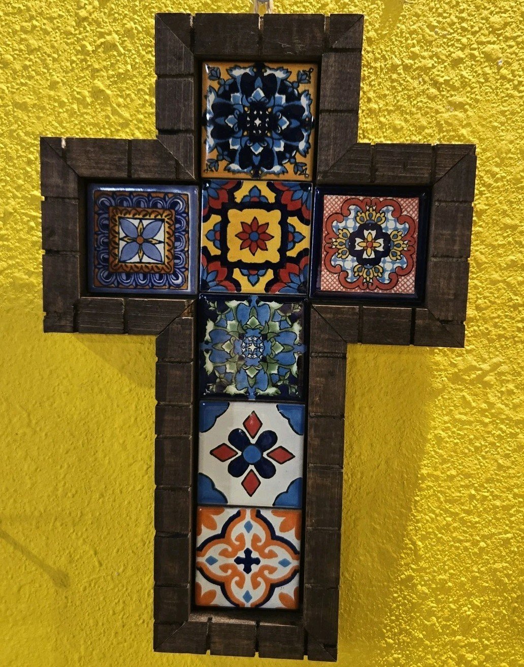 Talavera Tile And Wood Cross Hand Crafted 7.5 X 11.5 Inches