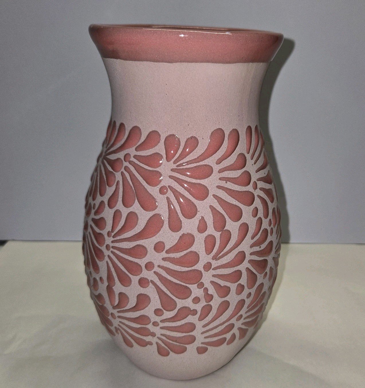Pink Vase Mexican Engobe Clay Pottery Hand Painted 5 X 9 Inches