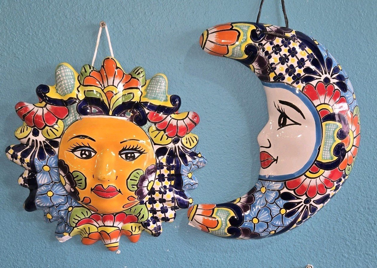 Talavera Handmade Pottery Set Mexican Art Home Decor Sun 11.5" Moon 12.5"