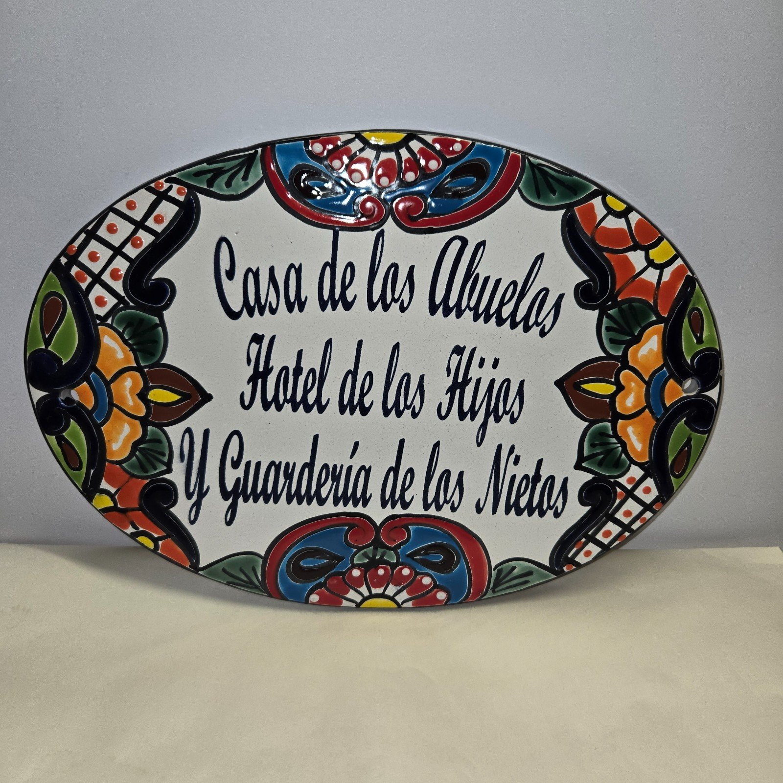 Talavera Pottery Wall Art Plaque "Casa de los Abuelos..." 13.5 x 9.5 inches