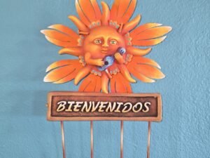 Sun Key Holder Four Hooks Mixed Media Metal and Resin Mexican Art 9X2.5X13 in
