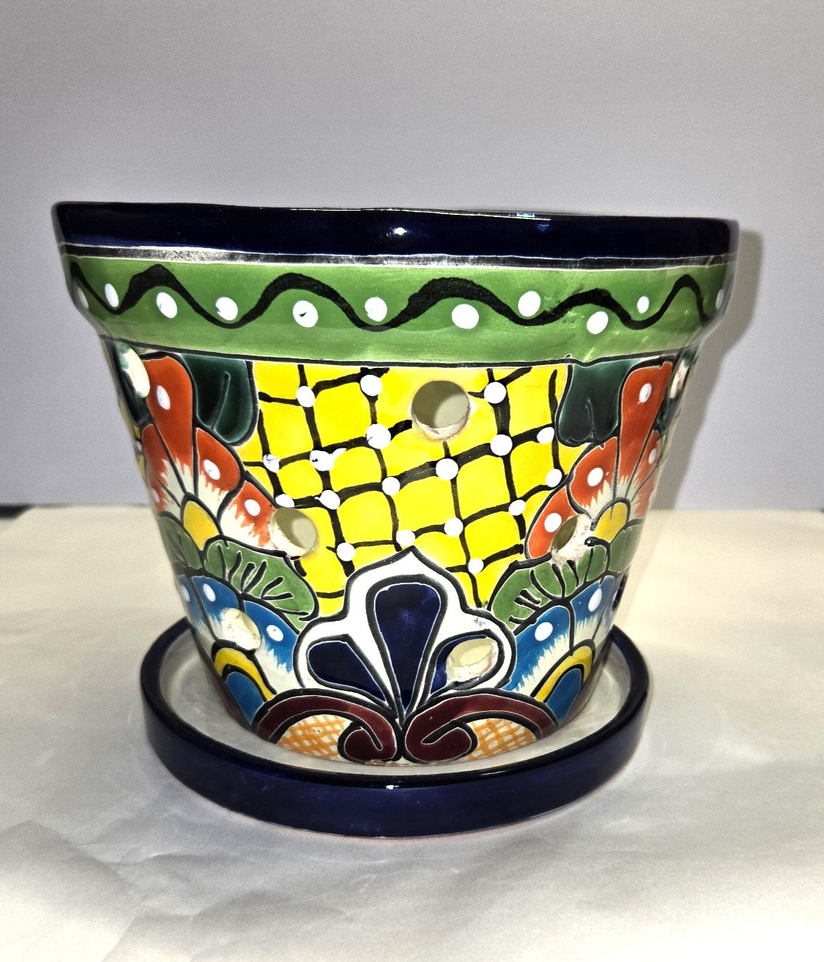Talavera Orchid Planter Handmade 2 Piece Set Mexican Art 8 x 6.75 inches