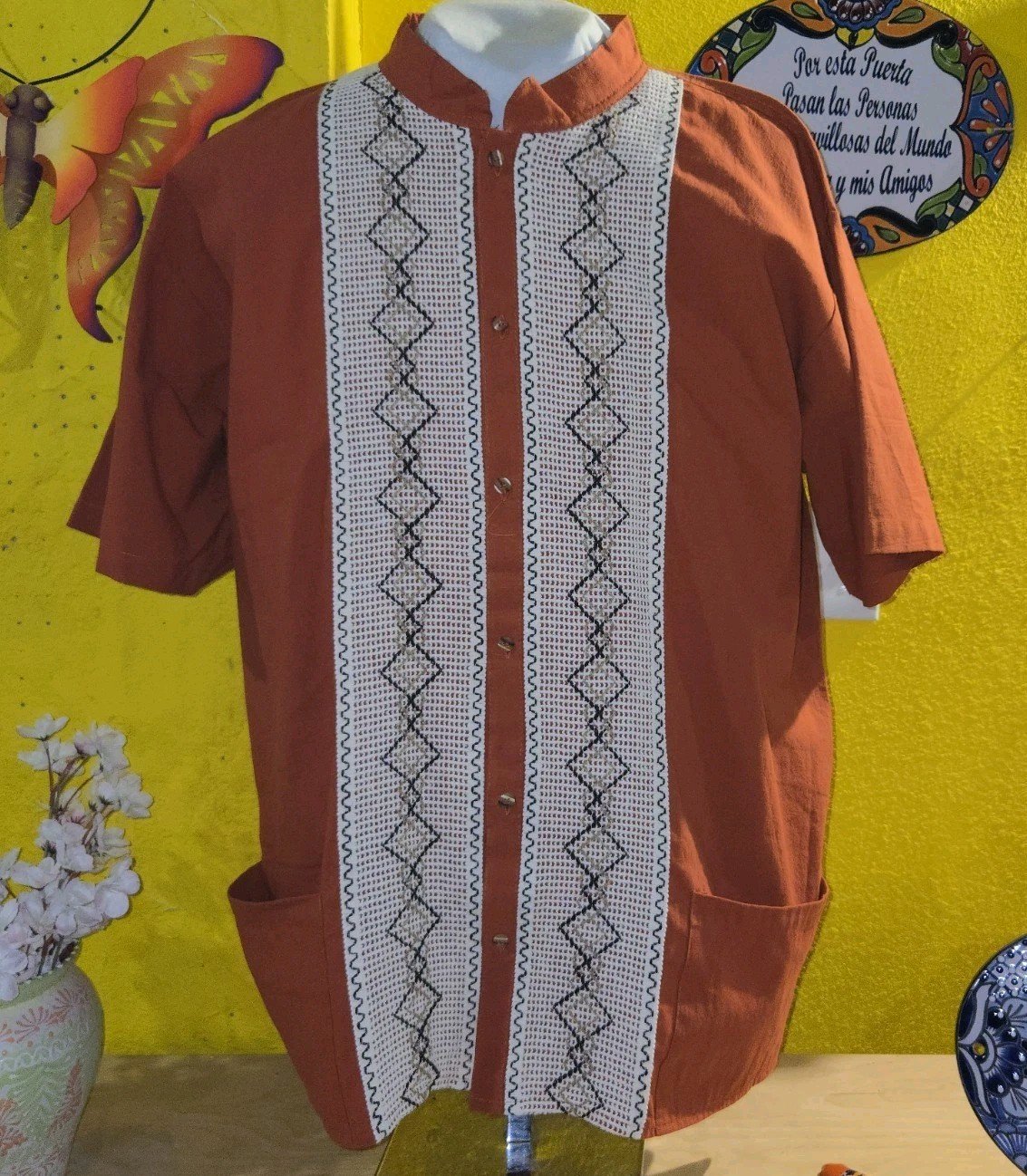 Guayabera Mexican Short Sleeve for men 3X Band Collar 2 Pockets Burtn Orange