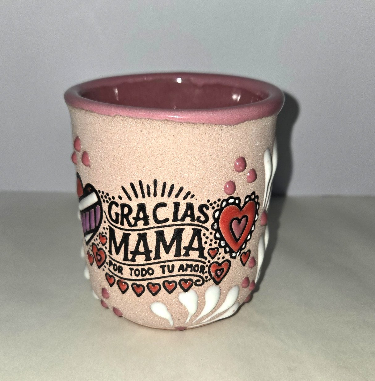 Clay Engove Pink Mug fo Mom Mexican Artesanal 3.5 x 4 inches