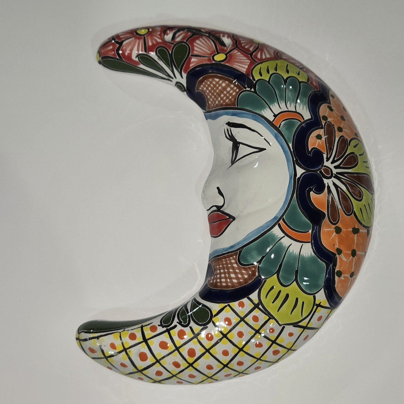 Colorful Talavera Moon Mexican Art Pottery Hand Painted Wall Decor 12"