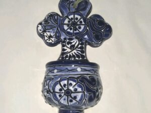 Talavera Blue And White Holy Water Font Mexican Art 4.5 X 8.5 Inches Tall