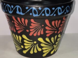 Black And Colors Clay Planter 8 X 6.5 Inches Tall Hand Painted Mexican Art