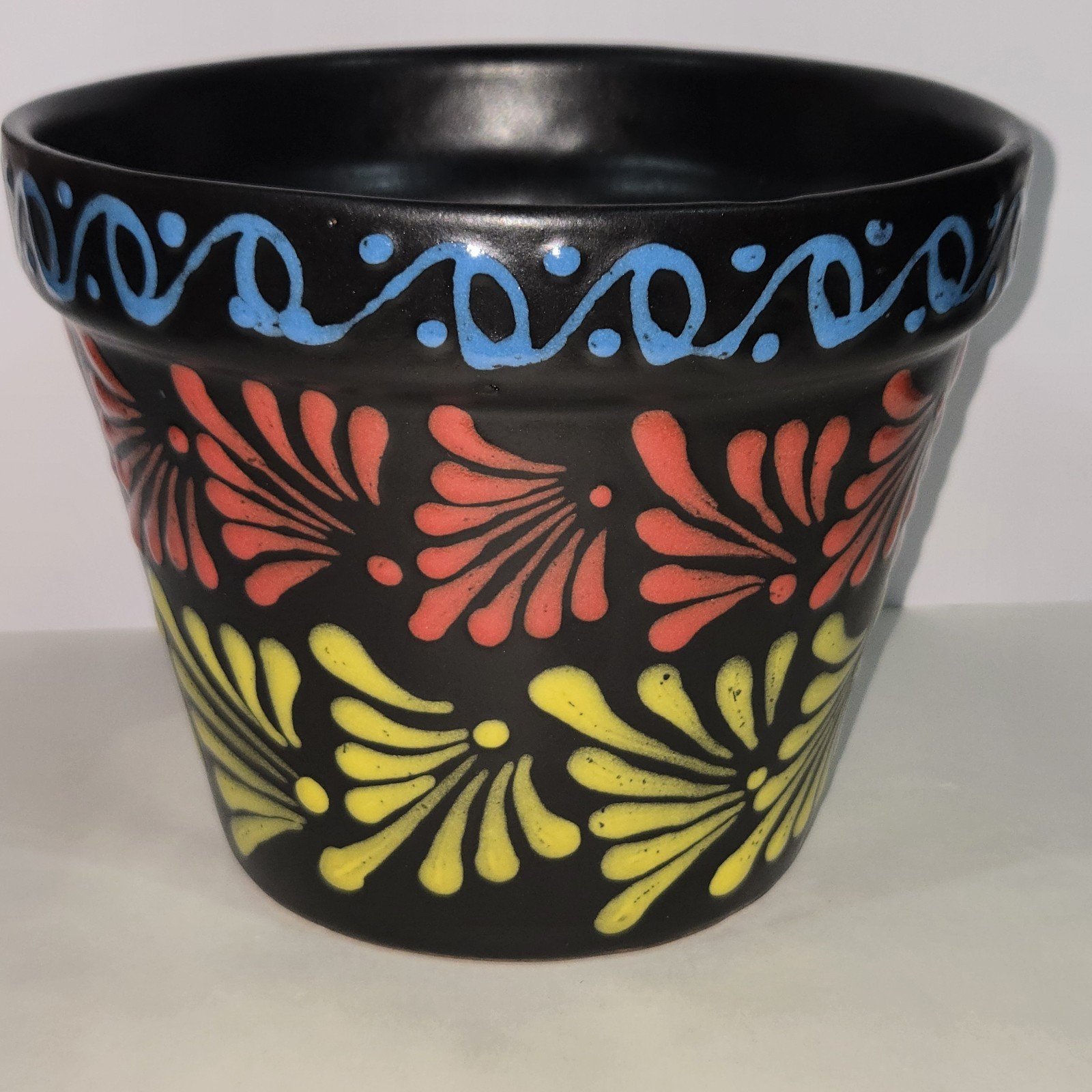 Black And Colors Clay Planter 8 X 6.5 Inches Tall Hand Painted Mexican Art