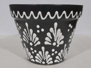 White On Black Planter 8 X 6.5 Inches Tall Hand Painted Mexican Art