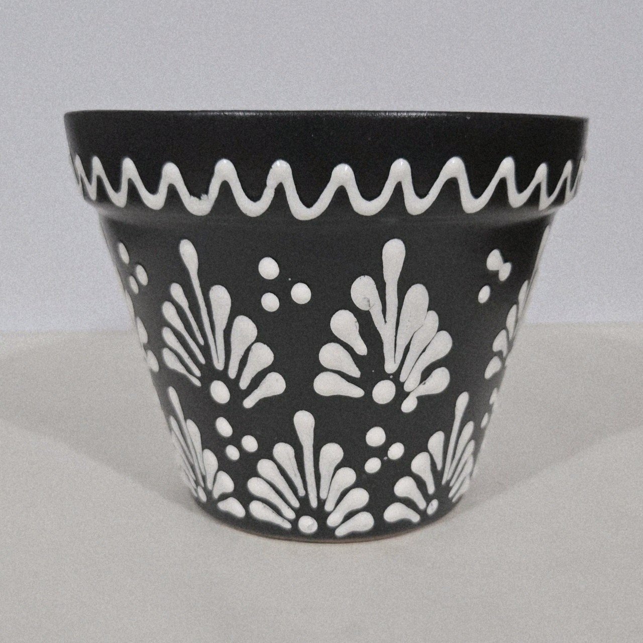 White On Black Planter 8 X 6.5 Inches Tall Hand Painted Mexican Art