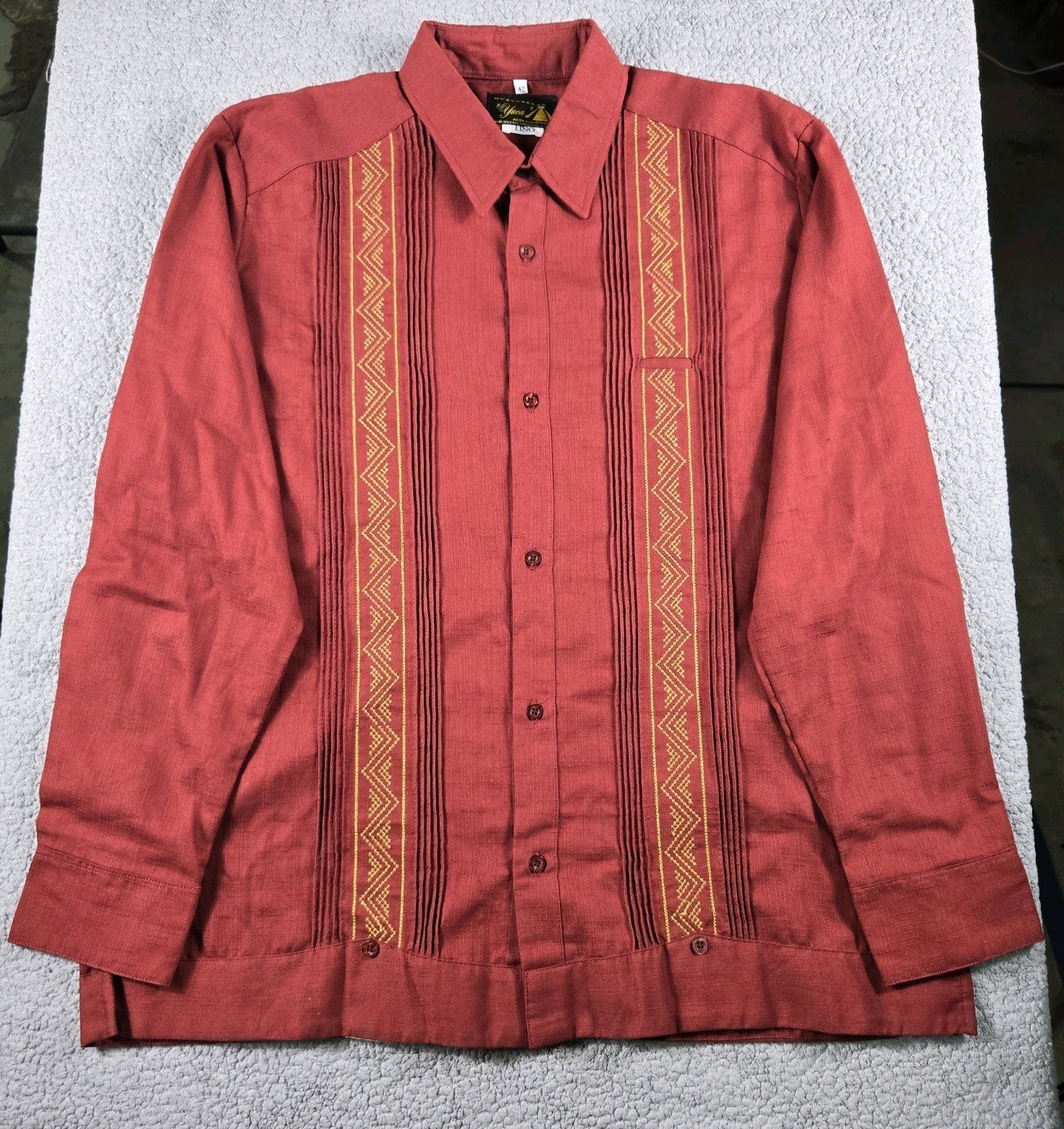 Guayabera Maroon Long Sleeve Made in Mexico Linen Size 2XL (42)
