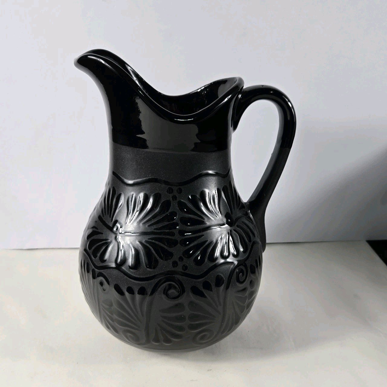 Black Talavers Pitcher Handmade Mexican Art 11.5 X 8 Inches