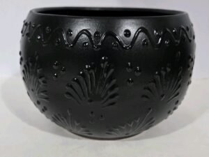 Black Round Planter 7 X 5 Inches Tall Hand Painted Mexican Art Clay Pot