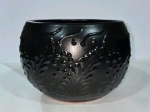 Black Round Planter 7 X 5 Inches Tall Hand Painted Mexican Art Clay Pot