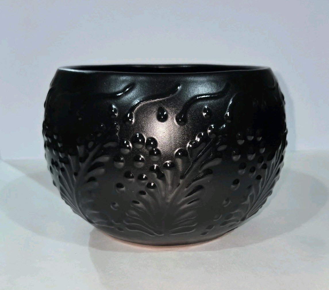 Black Round Planter 7 X 5 Inches Tall Hand Painted Mexican Art Clay Pot