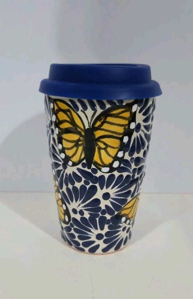 Talavera Tumbler Mexican Art Butterflies Monarcas Handmade 3.5 X 6 Inches