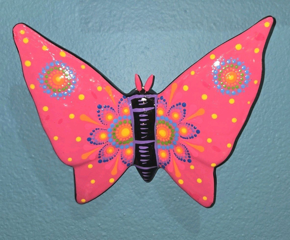 Clay Butterfly Mexican Handmade Art Wall Hanging 9" Wide X 7" Tall