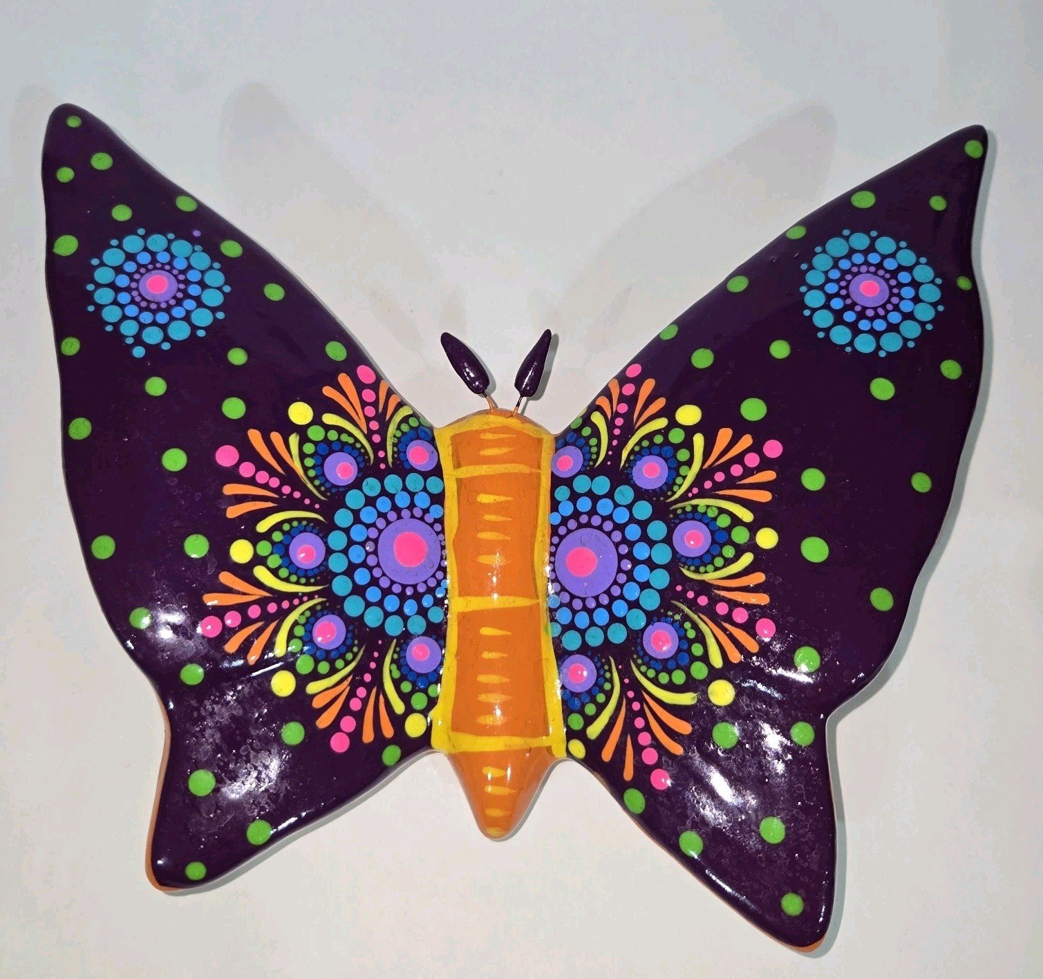 Clay Butterfly Mexican Handmade Art Wall Hanging 9" Wide X 7" Tall