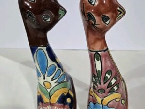 Talavera Cat Pair Figurines Mexican Art Handmade