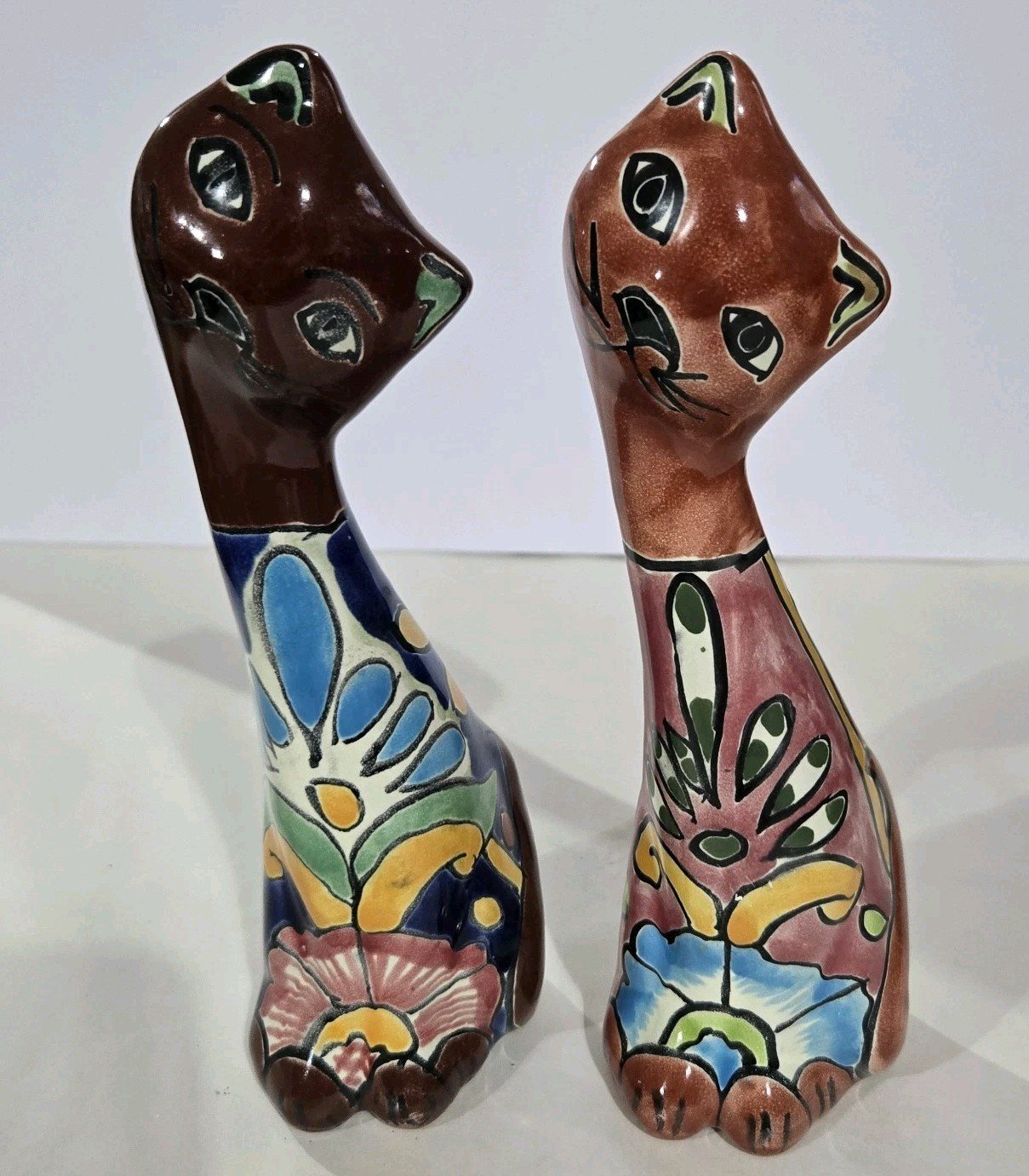 Talavera Cat Pair Figurines Mexican Art Handmade