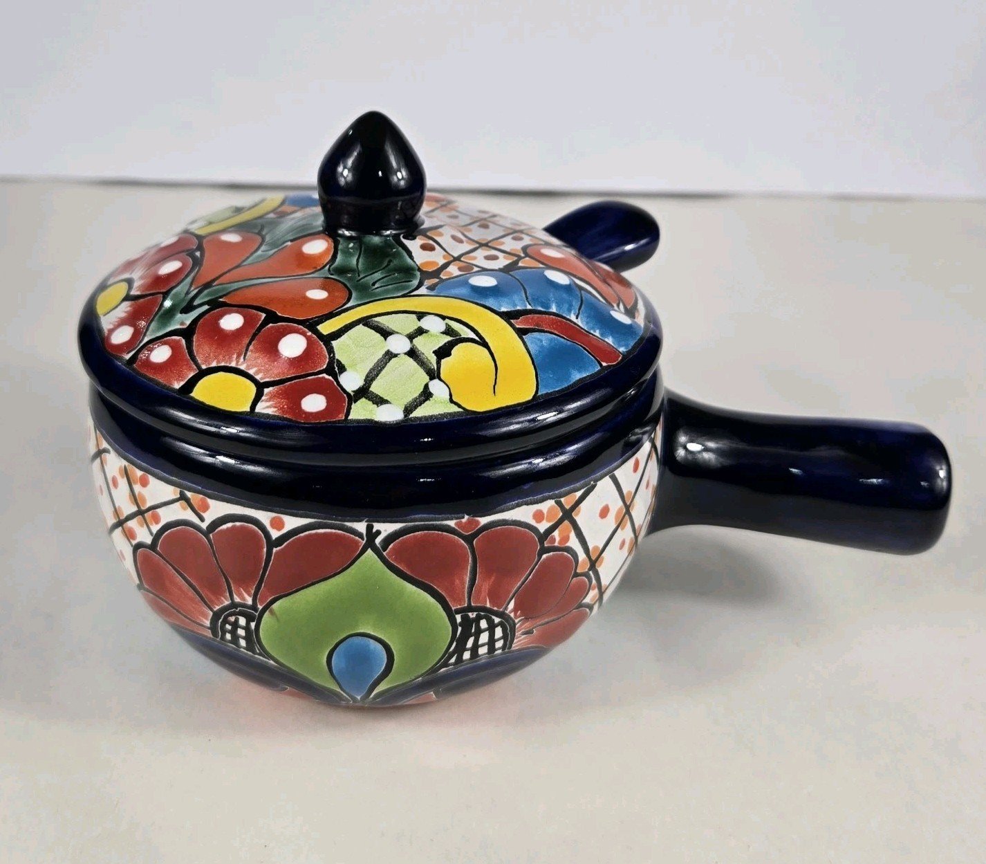 Talavera Pottery Soup Bowl With Lid And Spoon 8 X 5" Mexican Art