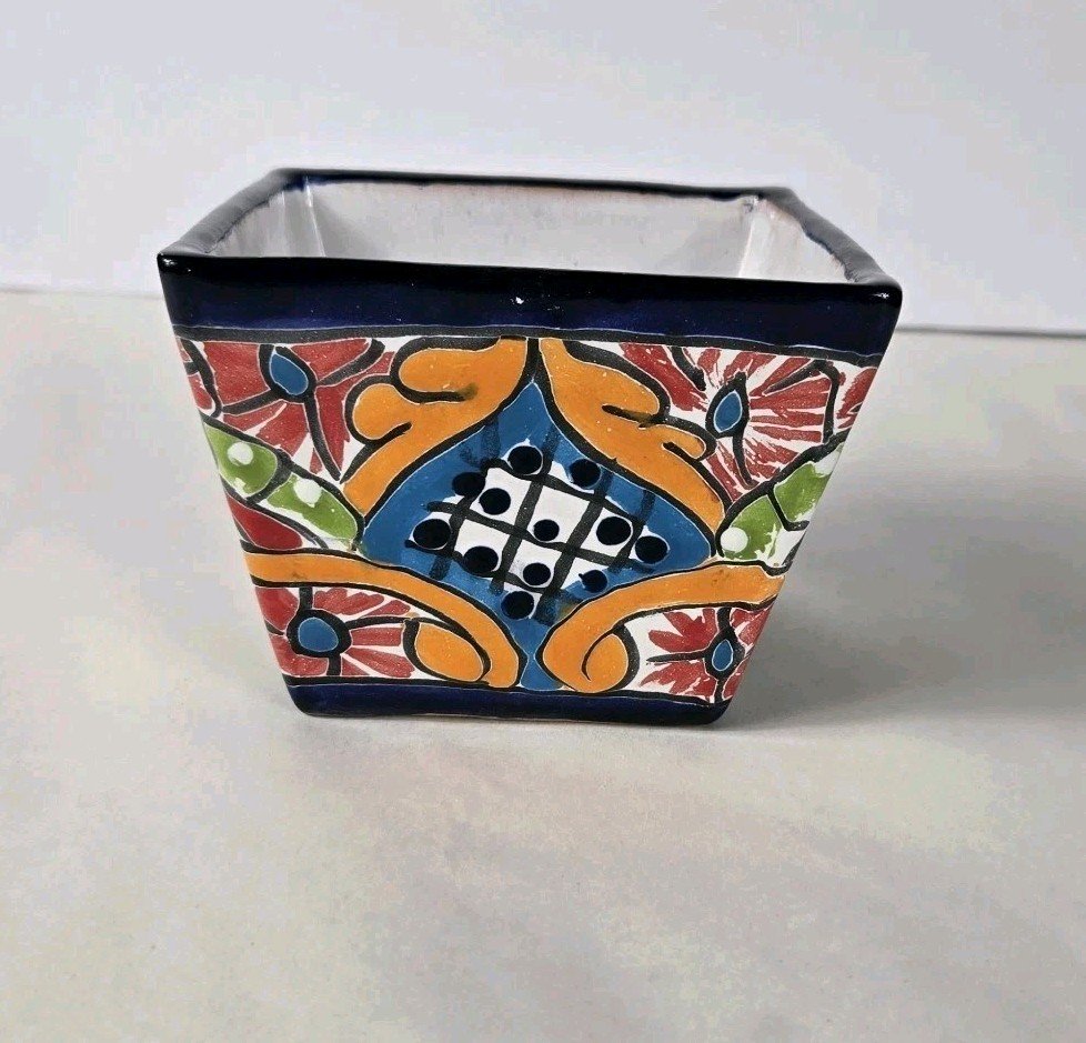 Talavera Colorful Square Planter Mini Pot Mexican Art 4 1/2 X 3 In