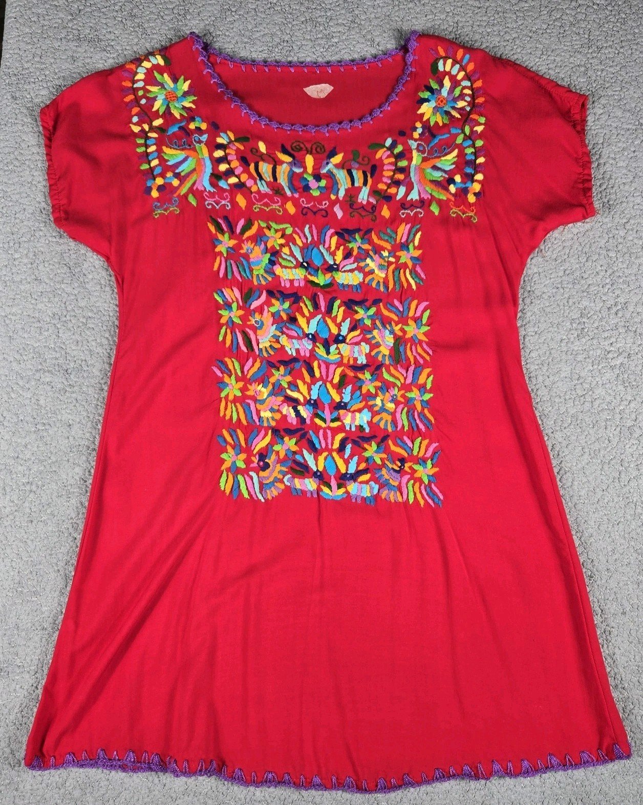 Mexican Embroired Handmade Traditional Floral Dress Artesanal Size Medium