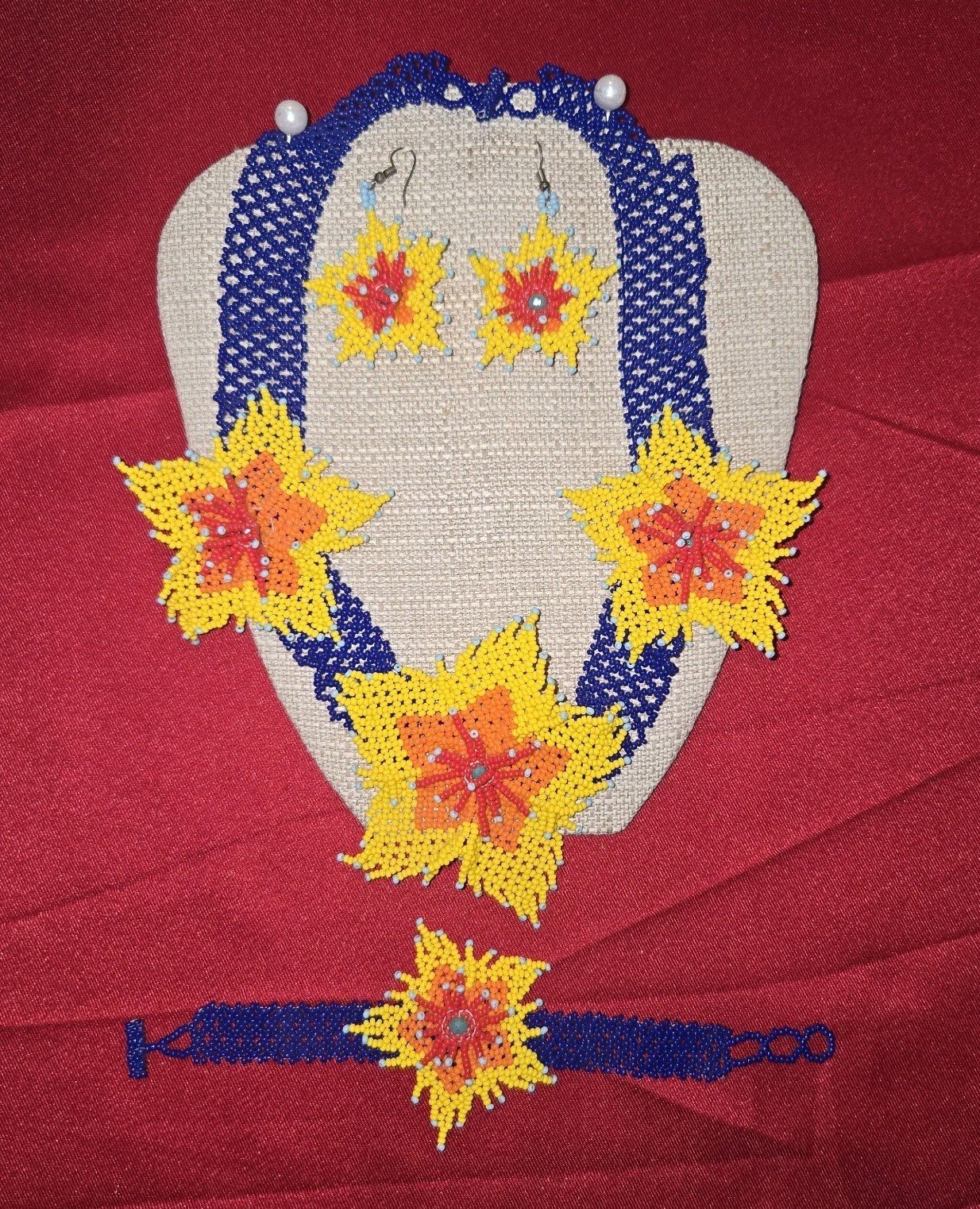 Beaded Huichol Jewelry Set Necklace Bracelet Earring Floral Mexican Art 19" Long