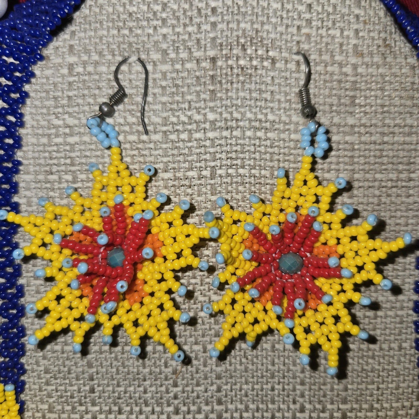 Beaded Huichol Jewelry Set Necklace Bracelet Earring Floral Mexican Art 19" Long 3 Beaded Huichol Jewelry Set Necklace Bracelet Earring Floral Mexican Art 19" Long