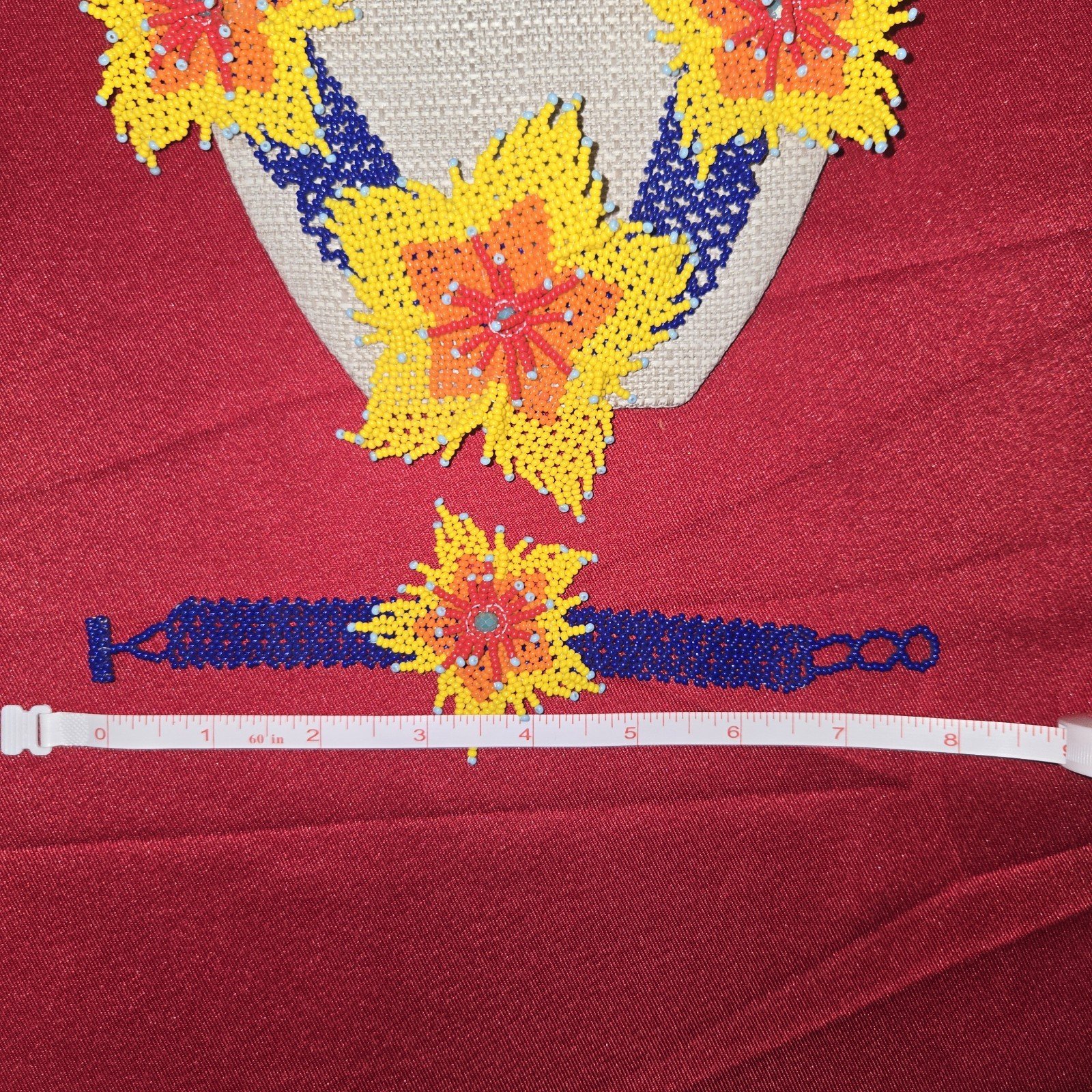 Beaded Huichol Jewelry Set Necklace Bracelet Earring Floral Mexican Art 19" Long 6 Beaded Huichol Jewelry Set Necklace Bracelet Earring Floral Mexican Art 19" Long