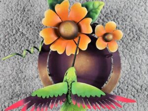 Colorful Metal Hummingbird With Flowers Wall Ornament, Mexican Art