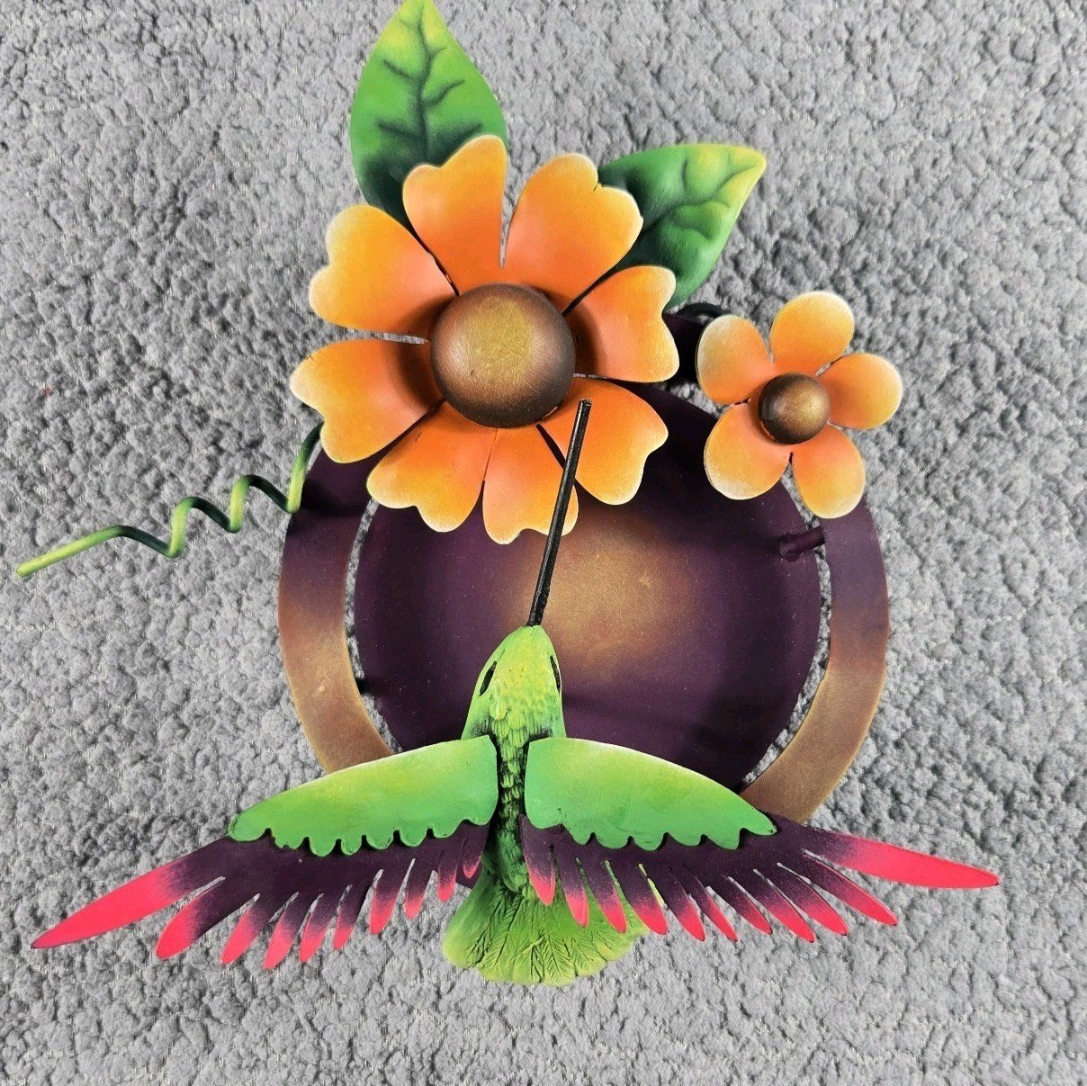 Colorful Metal Hummingbird With Flowers Wall Ornament, Mexican Art