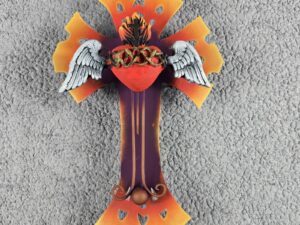 Metal, Fiberglass And Paste Cross With Sacred Heart Wall Ornament, Mexican Art