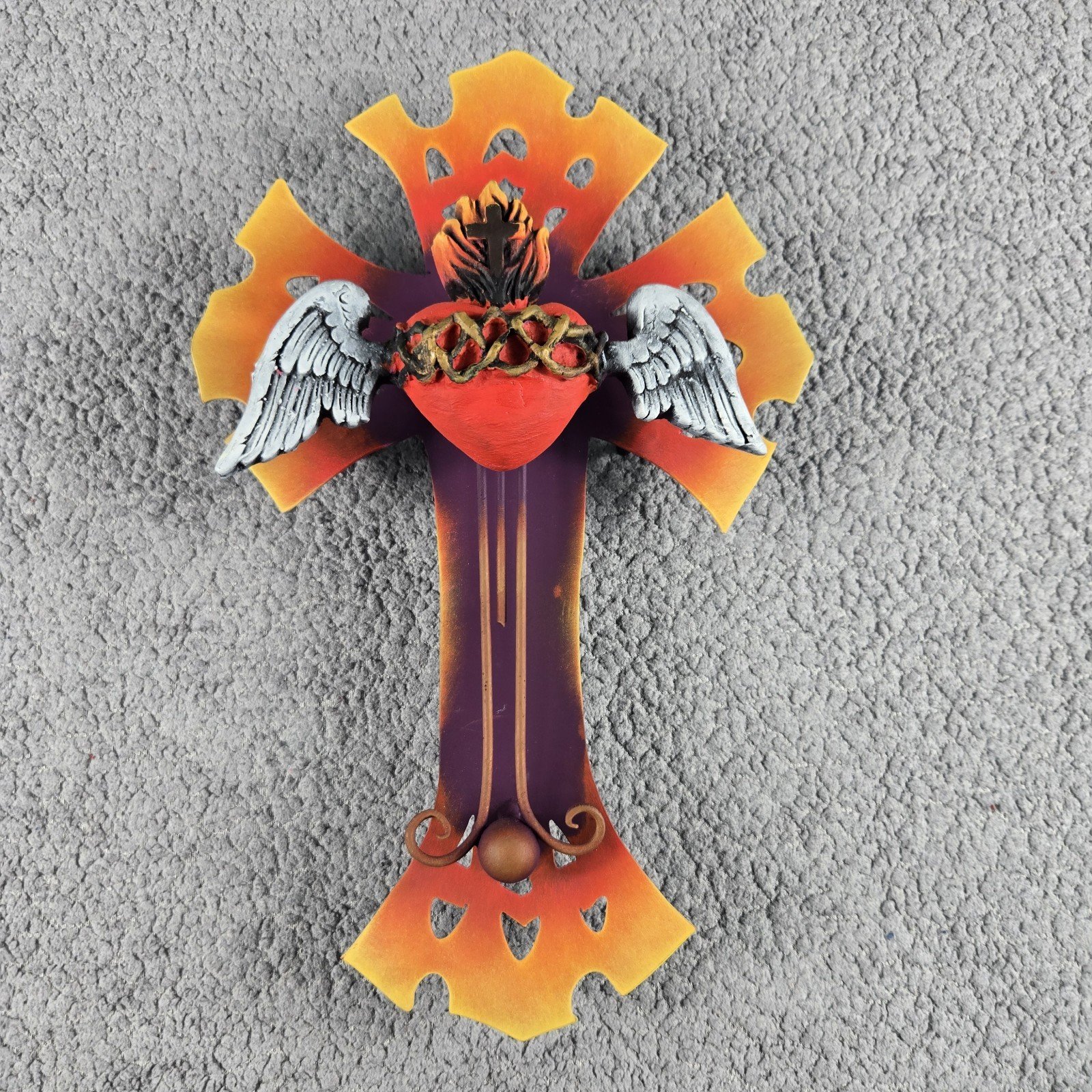 Metal, Fiberglass And Paste Cross With Sacred Heart Wall Ornament, Mexican Art