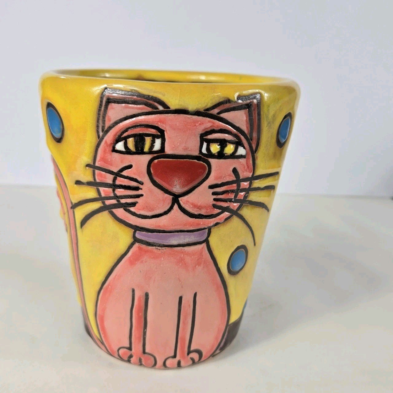 Ceramic Clay Hand Painted Pot Artist Signed Reliefe Cat Painting Mexican Art