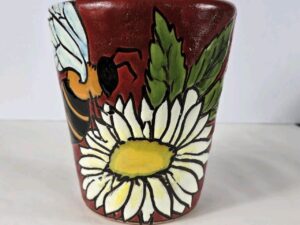 Ceramic Clay Hand Painted Pot Reliefe Bee And Flower Painting Mexican Art