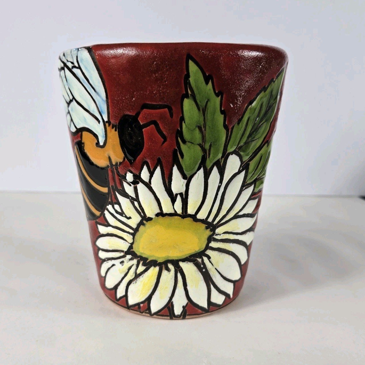 Ceramic Clay Hand Painted Pot Reliefe Bee And Flower Painting Mexican Art