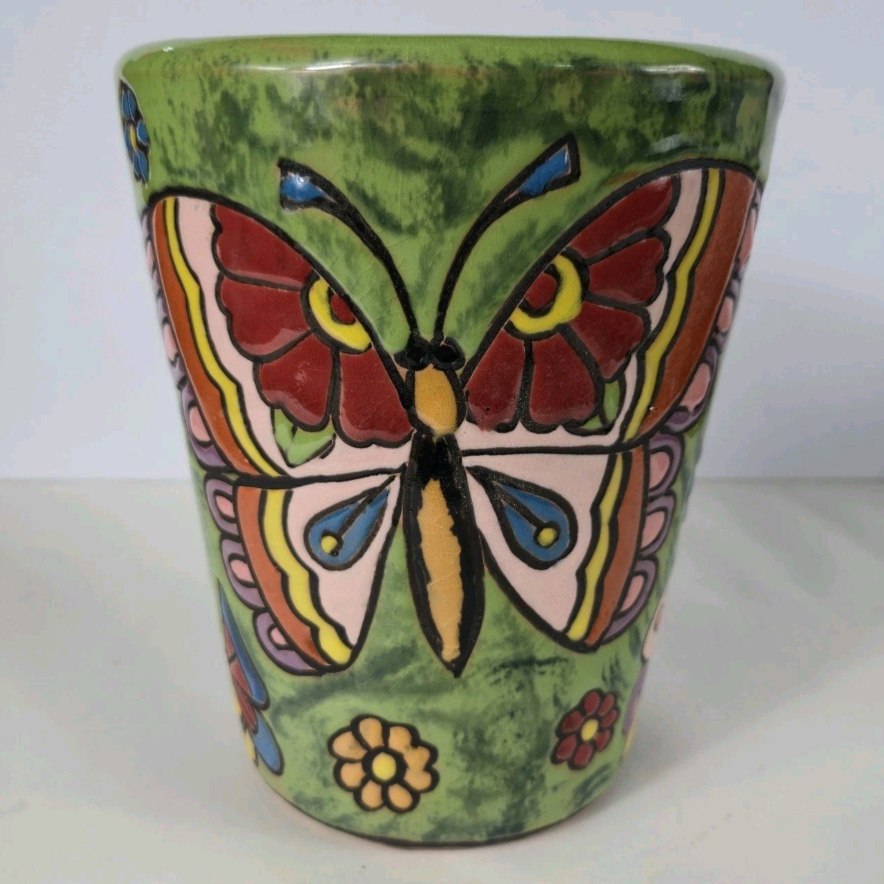 Ceramic Clay Hand Painted Pot Reliefe Butterflies Painting Mexican Art