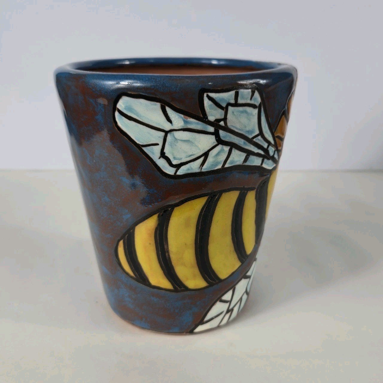 Ceramic Clay Hand Painted Pot Reliefe Bee And Flower Painting Mexican Art 3 Ceramic Clay Hand Painted Pot Reliefe Bee And Flower Painting Mexican Art