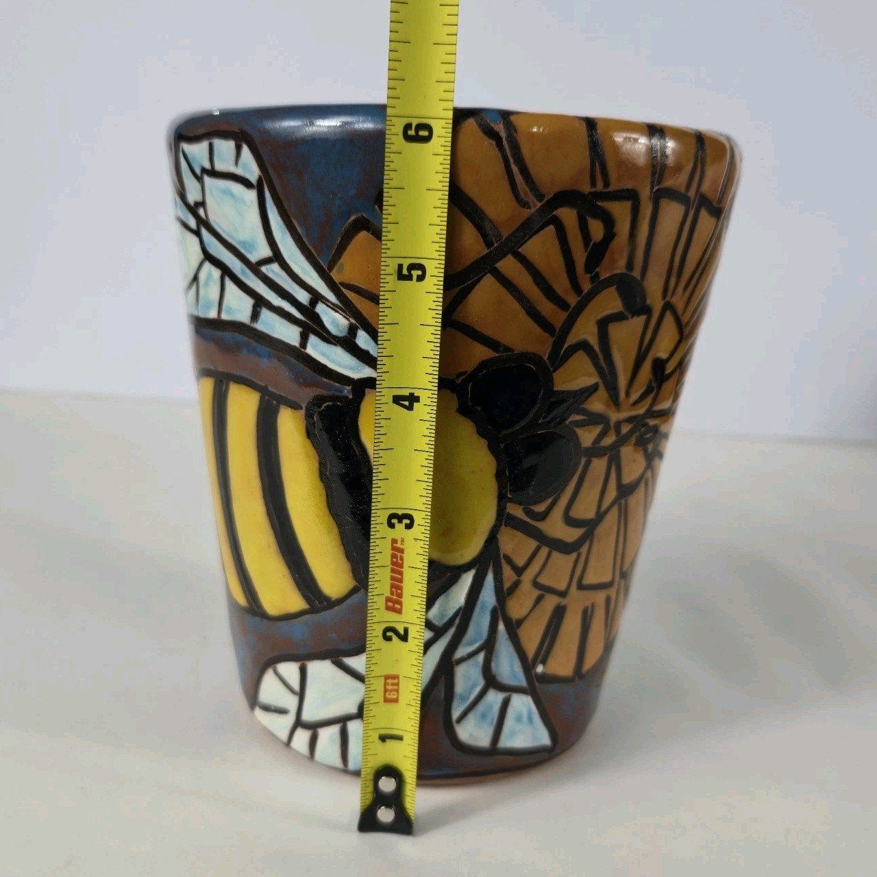 Ceramic Clay Hand Painted Pot Reliefe Bee And Flower Painting Mexican Art 7 Ceramic Clay Hand Painted Pot Reliefe Bee And Flower Painting Mexican Art