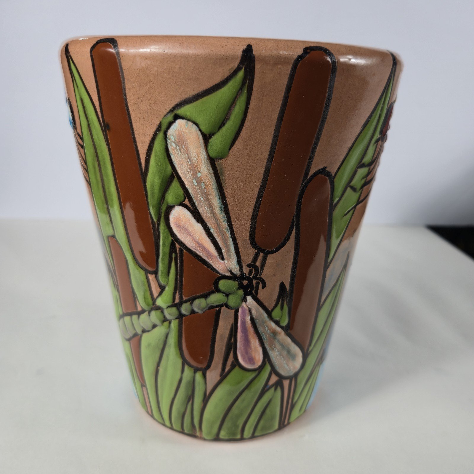 Ceramic Clay Hand Painted Pot Reliefe Dragonfly Painting Mexican Art