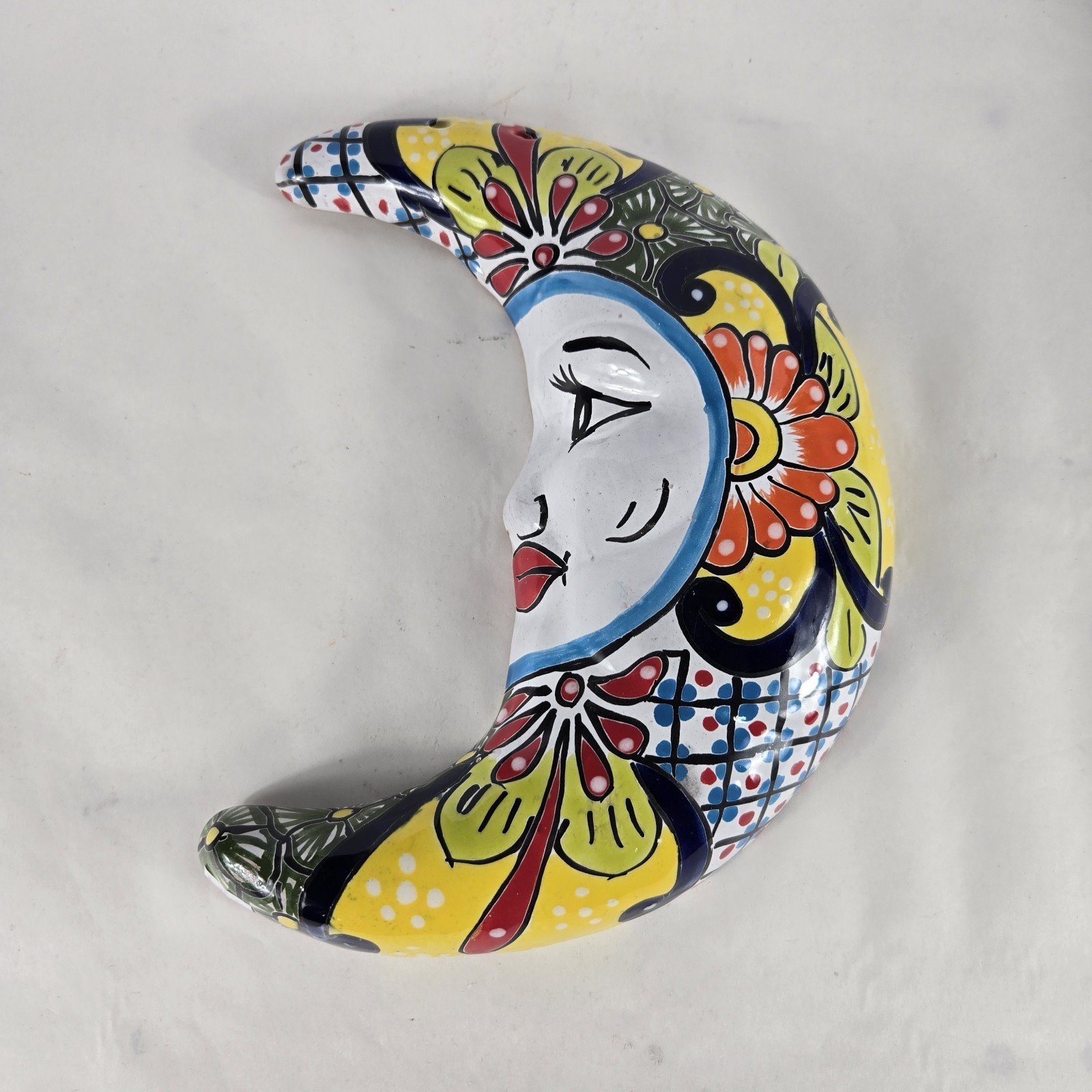 Colorful Talavera Moon Mexican Art Pottery Hand Painted Wall Decor 12"