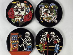 Set Of 4 Talavera Coasters Hand Painted Mexican Tile Drink Pads Day Of The Dead