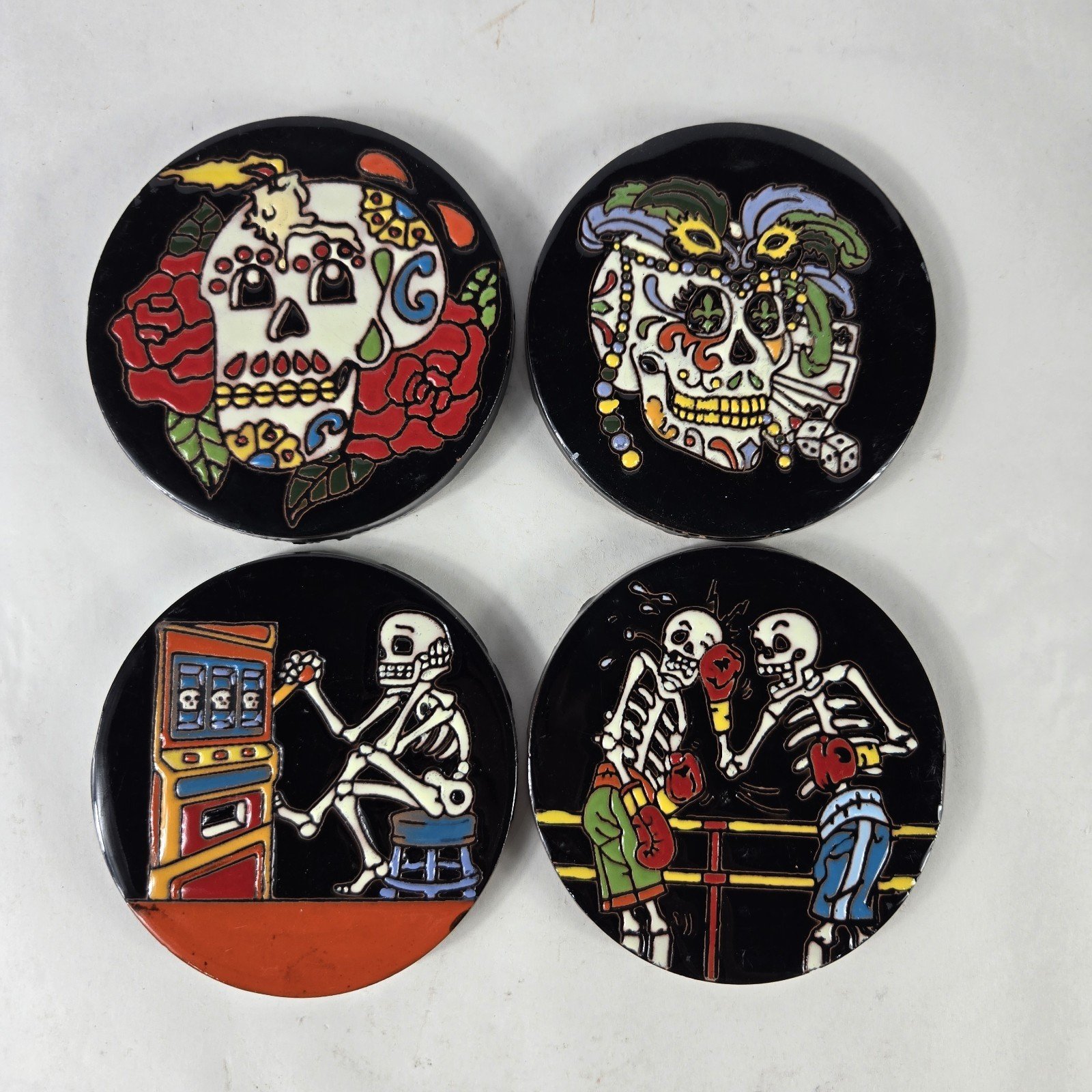 Set Of 4 Talavera Coasters Hand Painted Mexican Tile Drink Pads Day Of The Dead