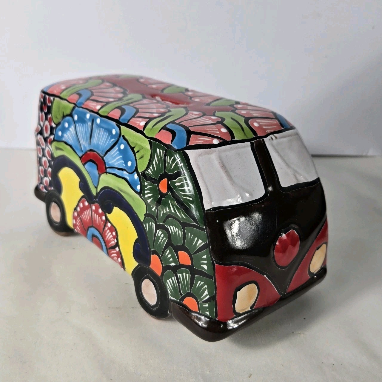 Talavera VW Kombi Piggy Bank Mexican Pottery Art Hand Painted 9 x 5 X 5 Inches